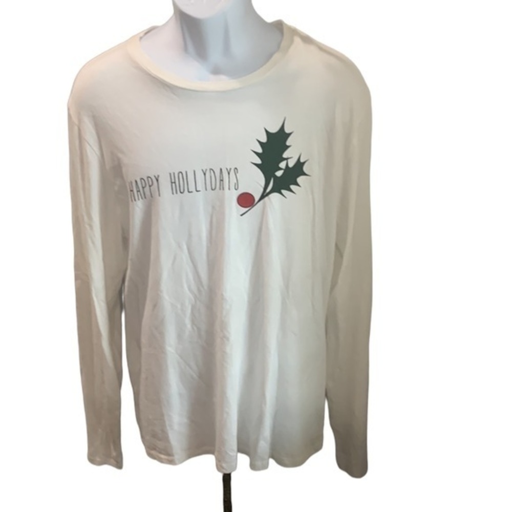 NWT White Long Sleeve Happy Holiday Poinsettia T Shirt Size Large